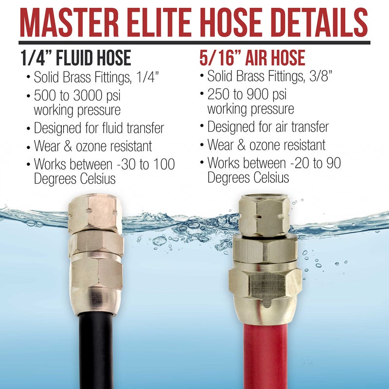 Master Airbrush Master Elite Series 12 Foot Air and Fluid Hose Assembly Set with Fittings for Spray Guns, Paint Pressure Pot Tanks, Professional Heavy Duty - Air 3/8" NPS, 5/16" ID & Fluid Hose 1/4" NPS, 1/4" ID - Image 3